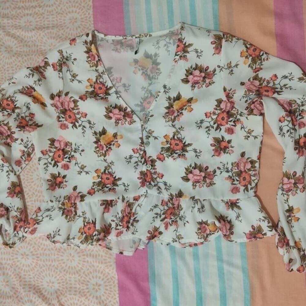 White Long-Sleeve Blouse with Orange Floral Print and Green Leaves